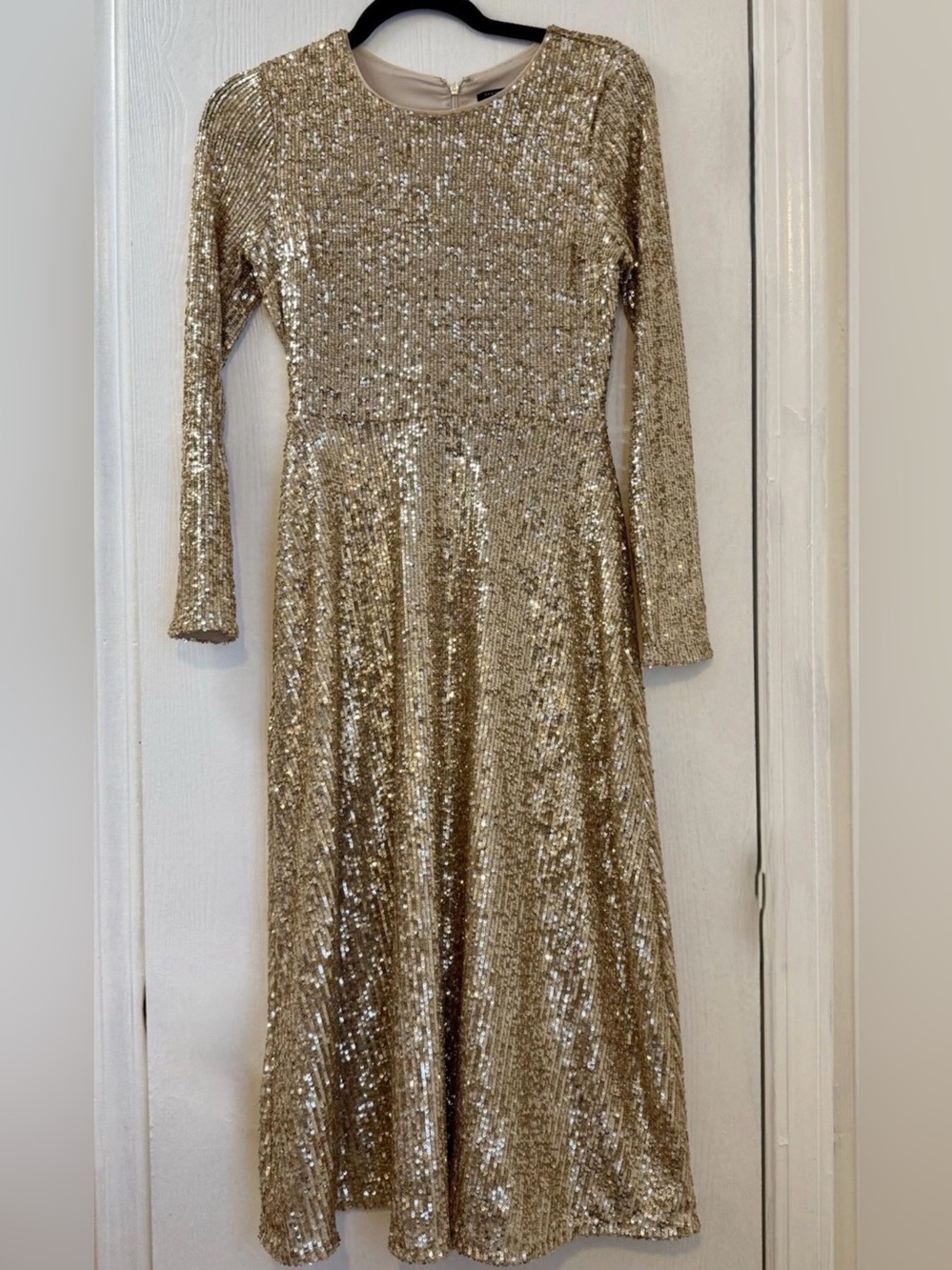 Ann Taylor Petite Gold Sequin Long Sleeve Midi Party Dress 2P Holiday